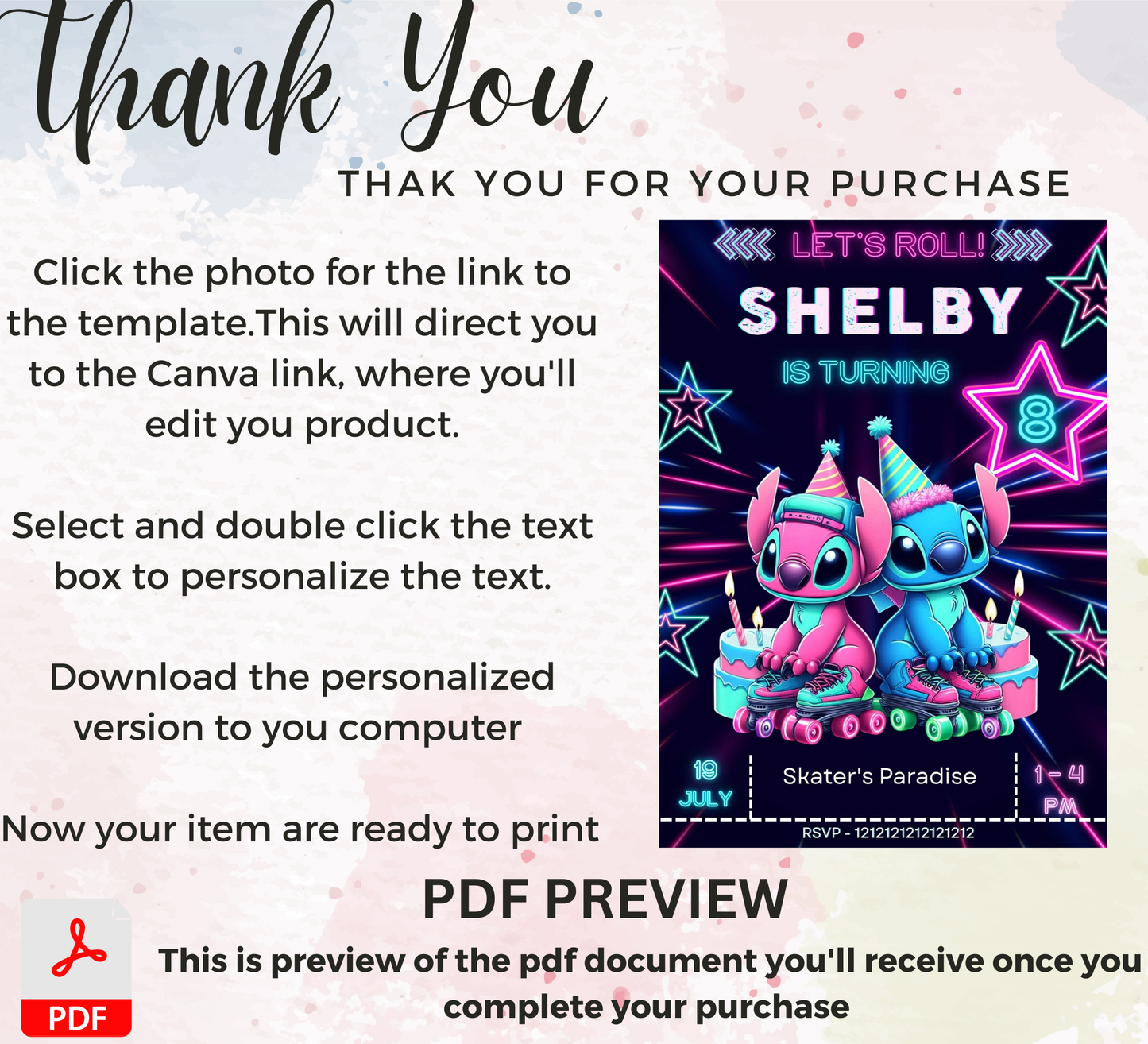 Stitch & Lilo Neon Roller Skating Invitation | Glow Party Invite | Editable Canva Template | Retro Lilo and Stitch Birthday