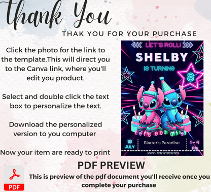 Stitch & Lilo Neon Roller Skating Invitation | Glow Party Invite | Editable Canva Template | Retro Lilo and Stitch Birthday