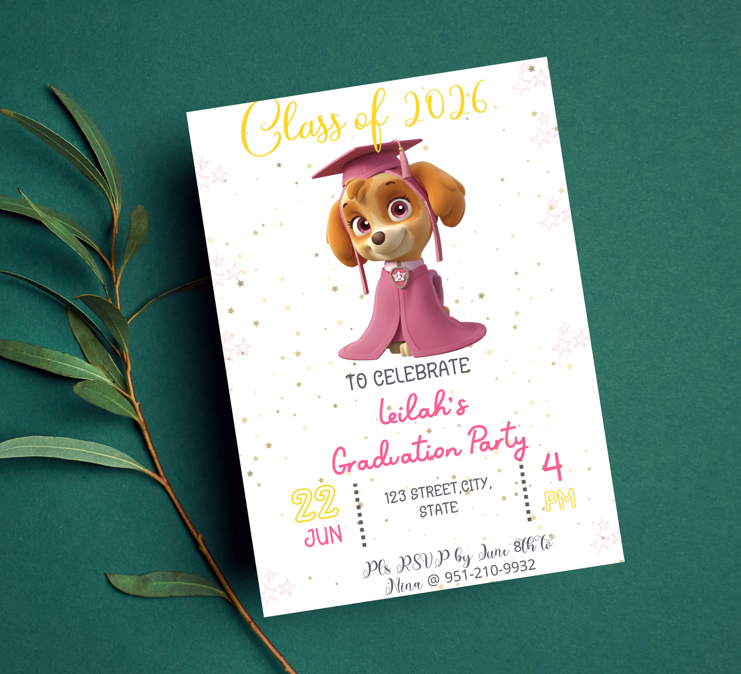 Skye Paw Patrol Graduation Invitation | Kindergarten & Preschool Invite | Pink Skye Graduation Party | Editable Canva Template