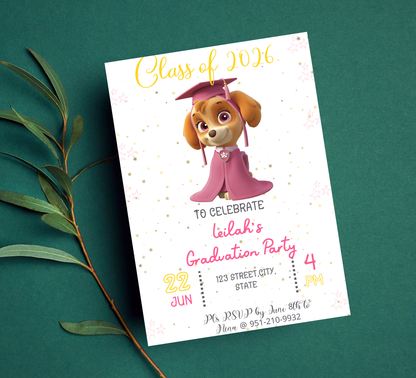 Skye Paw Patrol Graduation Invitation | Kindergarten & Preschool Invite | Pink Skye Graduation Party | Editable Canva Template