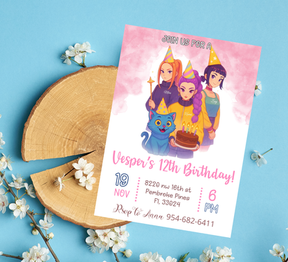 K-Pop Demon Hunters Birthday Invitation – Editable Canva Template – Rumi Mira Zoye Anime Invite – Kawaii Cyber Pop & Idol Core Party Printable