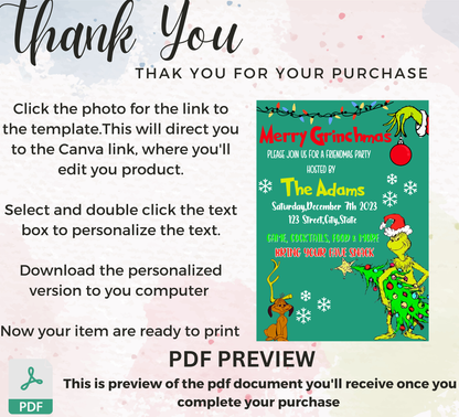 Grinch Green Christmas Invitation | Merry Grinchmas Holiday Party Invite | Editable Template