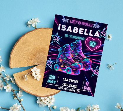 Neon Roller Skating Birthday Invitation 🛼✨ | Glow Skate Party Invite | Editable Canva Template