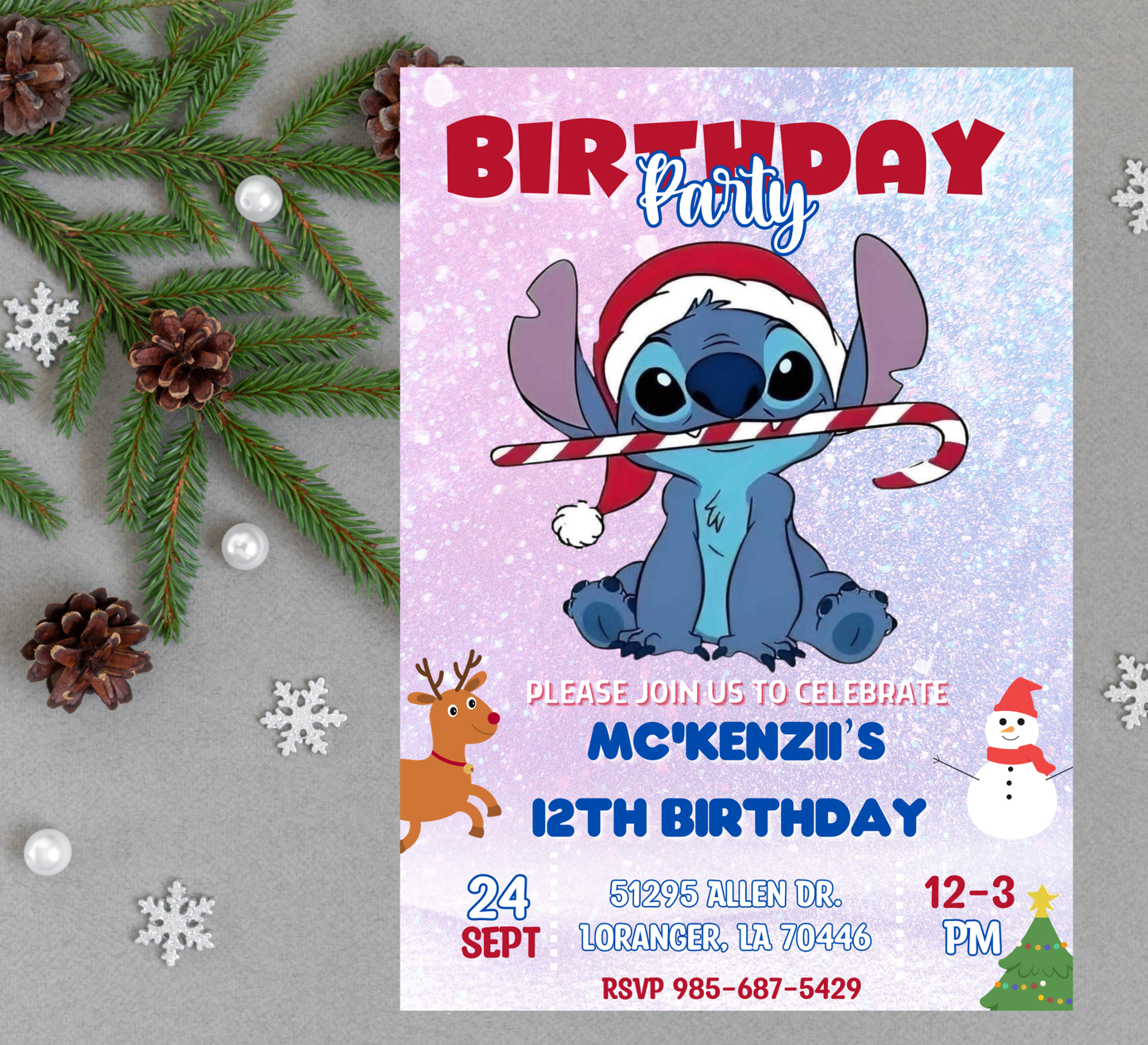 Stitch Christmas Winter Birthday Invitation | Cute Holiday Party Invite | Editable Template