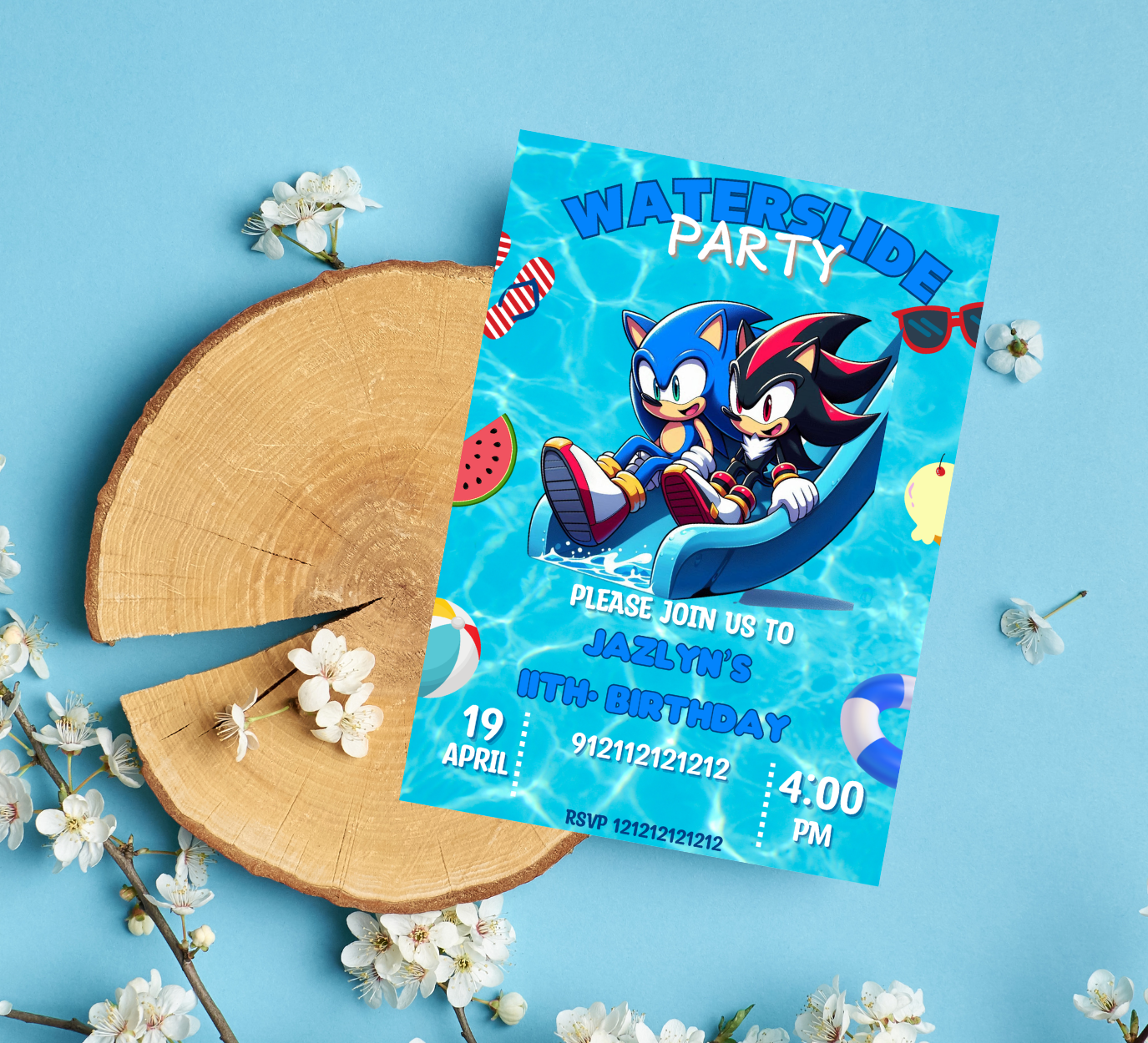 Sonic the Hedgehog & Shadow Waterslide Pool Birthday Invitation | Editable Canva Template | Kids Summer Party Invite | Printable Birthday Invitation