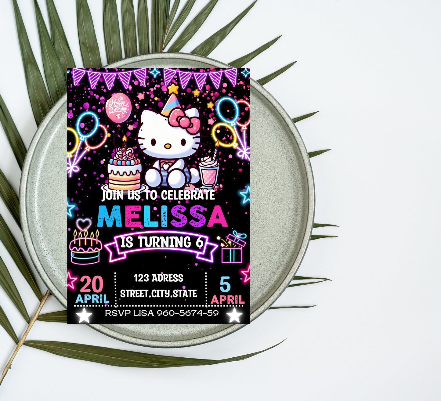 Hello Kitty Neon Birthday Invitation | Editable Glow Party Invite | Kawaii Girls Birthday Printable Template