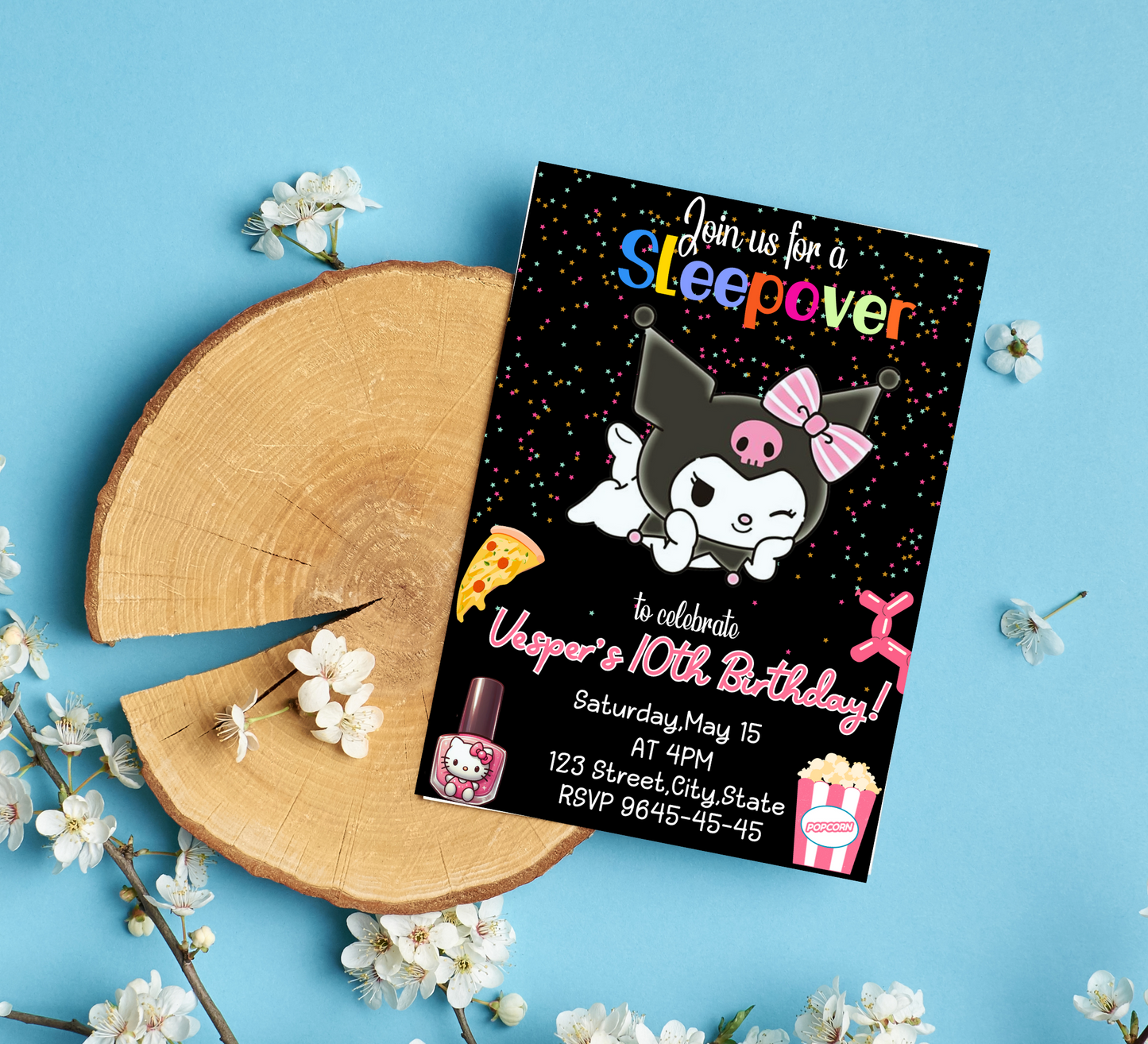 Kawaii Kuromi Neon Sleepover Birthday Invitation | Slumber Party Invite | Editable Canva Template | Cute Glow Party Printable