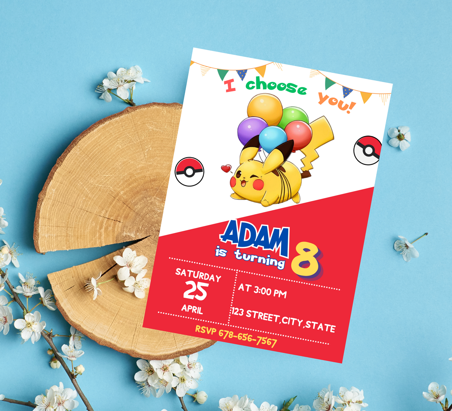 Pikachu Red Pokémon Birthday Invitation | Bold Party Invite | Editable Digital Template