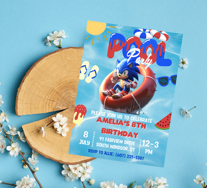 Sonic Pool Birthday Invitation | Summer Splash Party Invite | Editable Canva Template | Sonic Swim Birthday Invitation