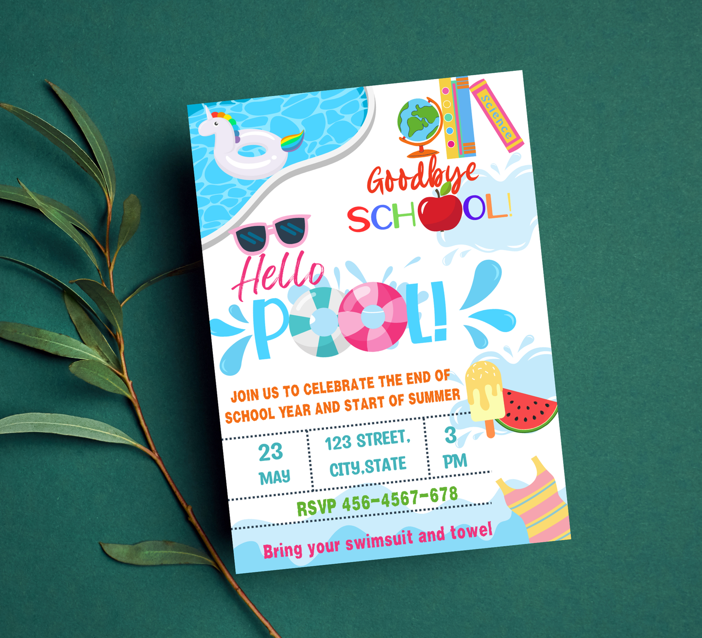 Goodbye Kindergarten Hello Summer Pool Party Invitation | Editable Canva Template