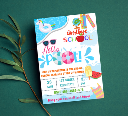 Goodbye Kindergarten Hello Summer Pool Party Invitation | Editable Canva Template