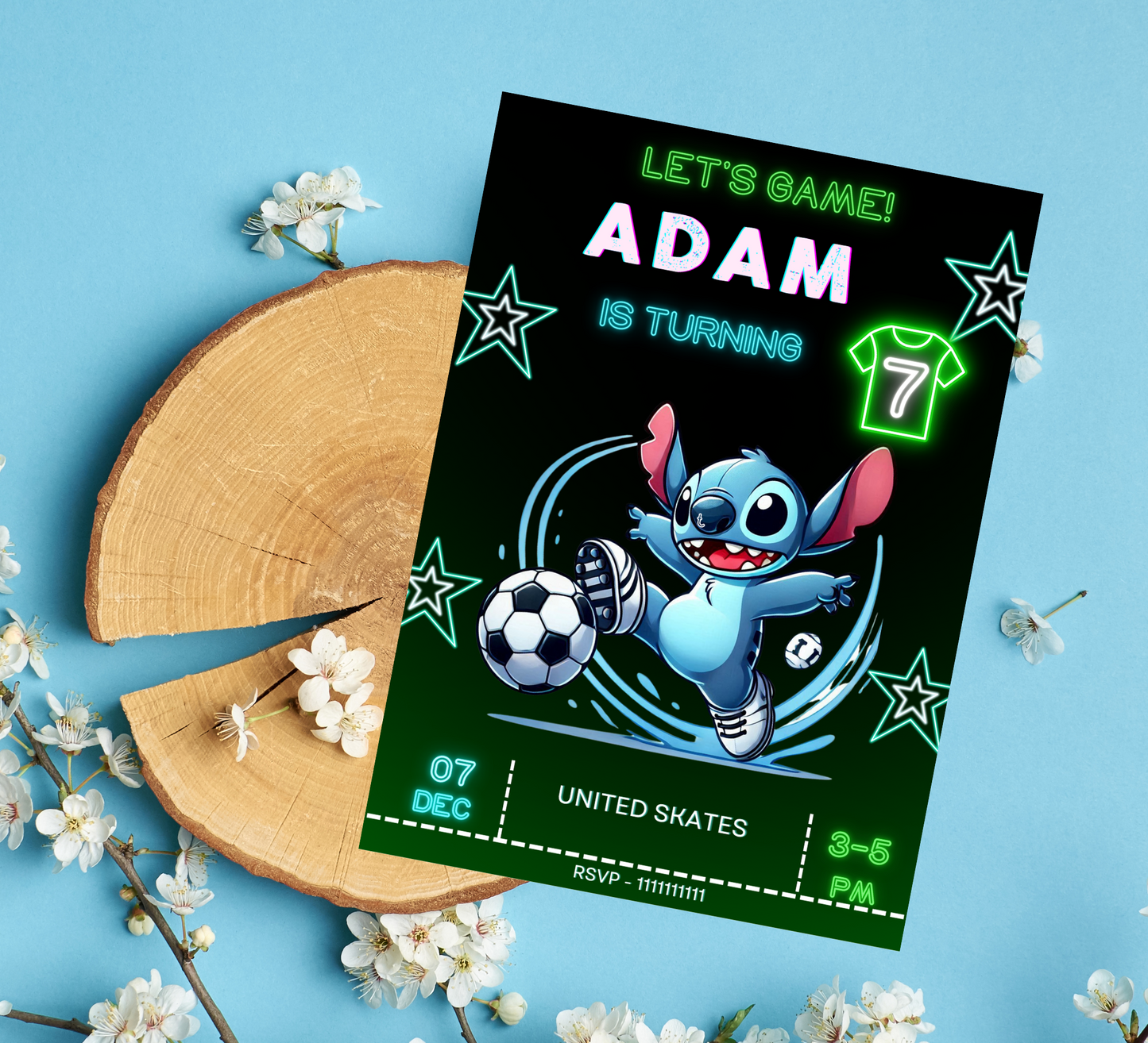 Stitch Neon Football Birthday Invitation | Editable Canva Template | Kawaii Sports Party Invite | Printable Kids Birthday Invitation