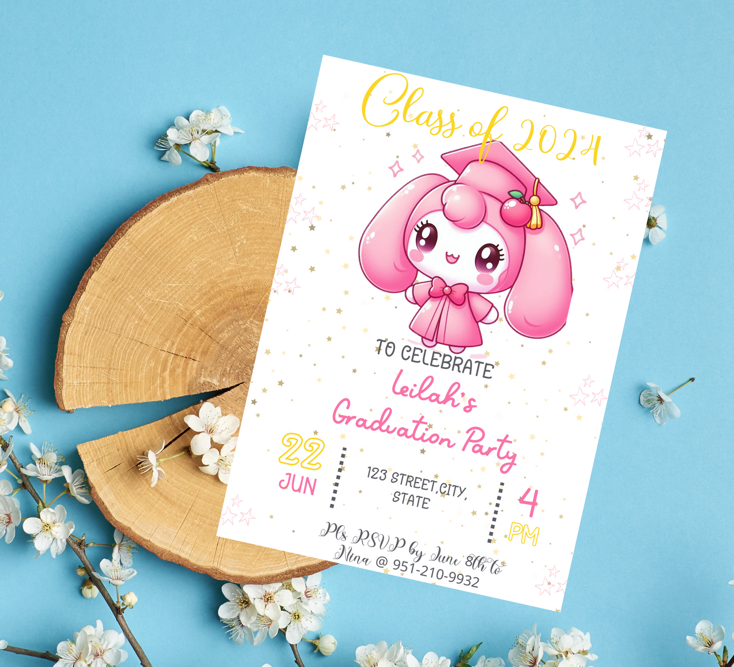 My Melody Pink Graduation Invitation | Kawaii Kindergarten & School Graduation Invite | Editable Canva Template | Cute Sanrio Graduation Printable