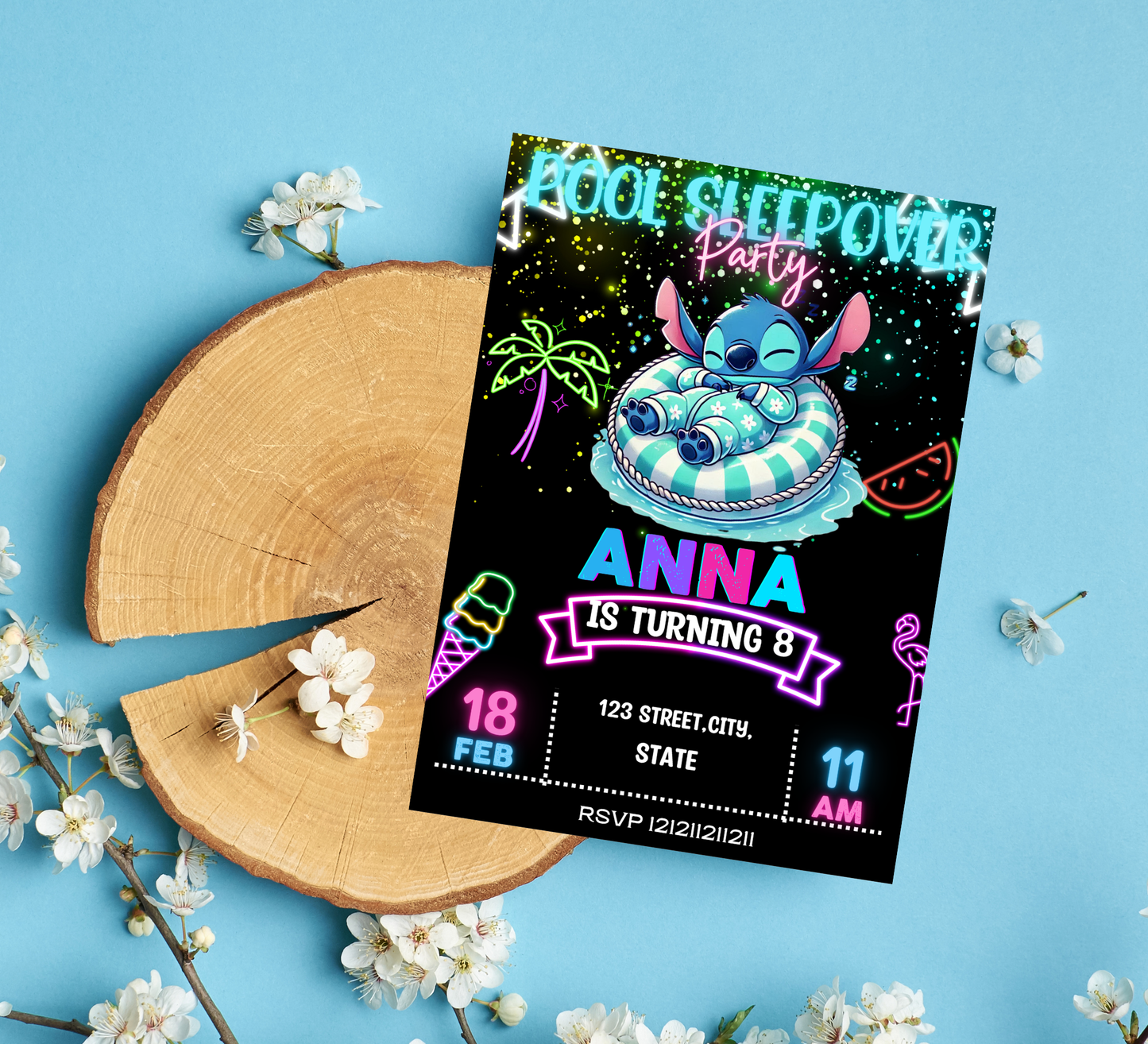 Neon Stitch Pool Party & Sleepover Invitation | Glow in the Dark Birthday | Editable Canva Template | Tropical Night Swim Invite
