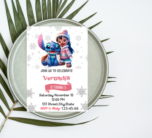 Stitch & Lilo Winter Snowflake Birthday Invitation | Frozen Blue Winter Party | Editable Canva Template | Printable Cute Birthday Invite