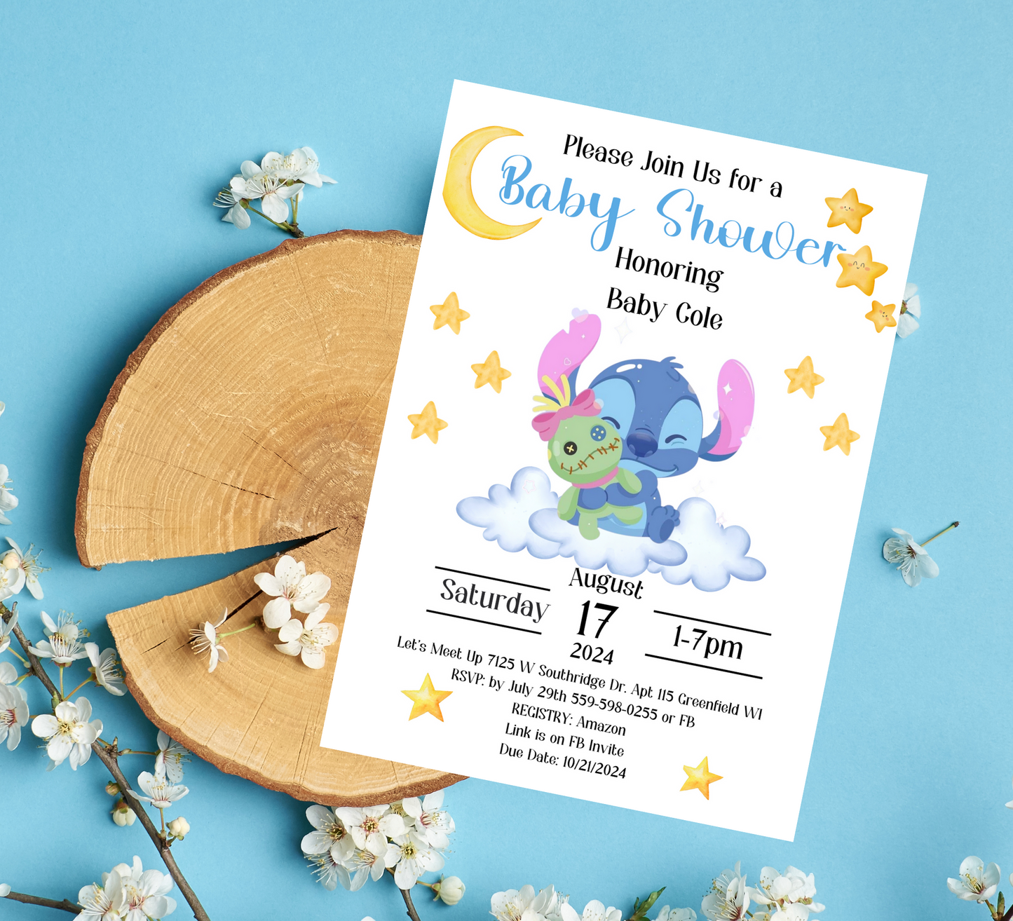 Stitch Baby Shower Invitation | Cute Blue Baby Shower Invite | Editable Canva Template | Printable Baby Shower Card