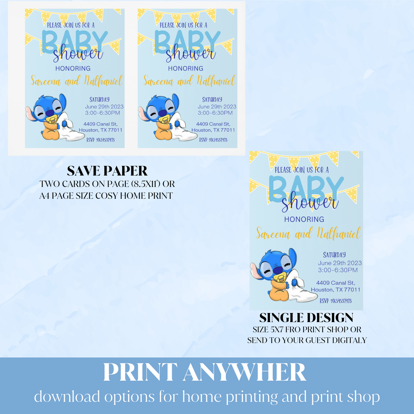 Stitch Blue Baby Shower Invitation | Editable Canva Template | Boy or Gender-Neutral Baby Shower Invite | Printable Baby Shower Invitation