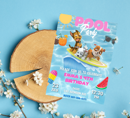 Paw Patrol Pool Birthday Invitation | Editable Canva Template | Swim Party Invite | Printable Kids Summer Birthday Invitation