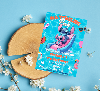 Stitch & Angel Pool Party Birthday Invitation | Editable Canva Template | Kawaii Waterslide Summer Invite | Printable Kids Birthday Invitation
