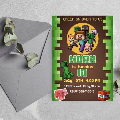 Minecraft Game Birthday Invitation ⛏️🎮 | Pixel Kids Party Invite | Editable Digital Template