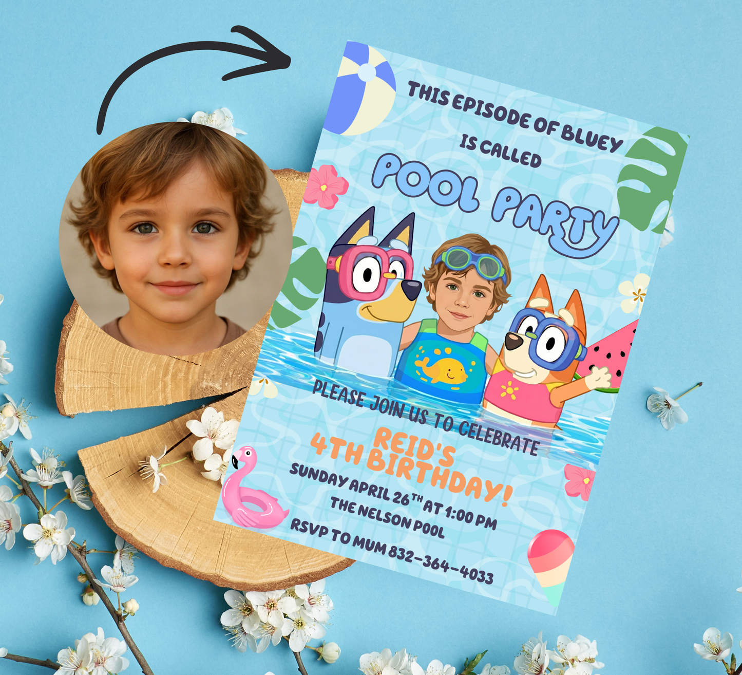 Bluey Personal Photo Pool Birthday Invitation – Editable Canva Template – Add Your Child’s Photo! – Custom Bluey & Bingo Swim Party Invite – Kids Summer Splash Birthday Printable