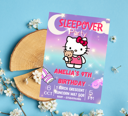 Hello Kitty Purple Slumber Party Invitation | Editable Girls Sleepover Invite | Kawaii Nighttime Sleepover Birthday Invitation | Printable Template