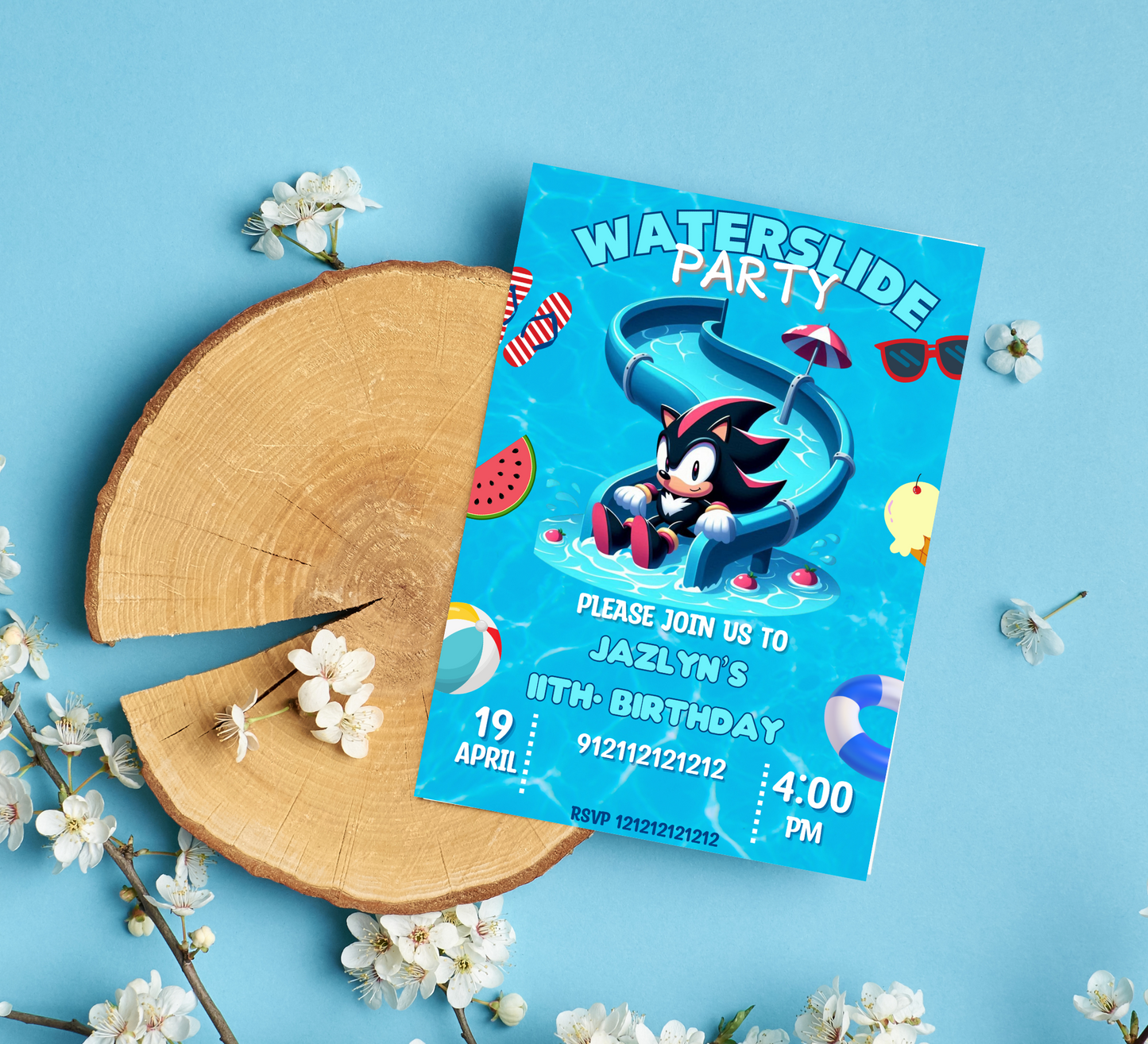 Shadow & Sonic Waterslide Pool Birthday Invitation | Neon Summer Party Invite | Editable Canva Template | Sonic Pool Birthday Printable