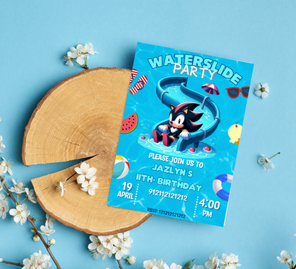 Shadow & Sonic Waterslide Pool Birthday Invitation | Neon Summer Party Invite | Editable Canva Template | Sonic Pool Birthday Printable
