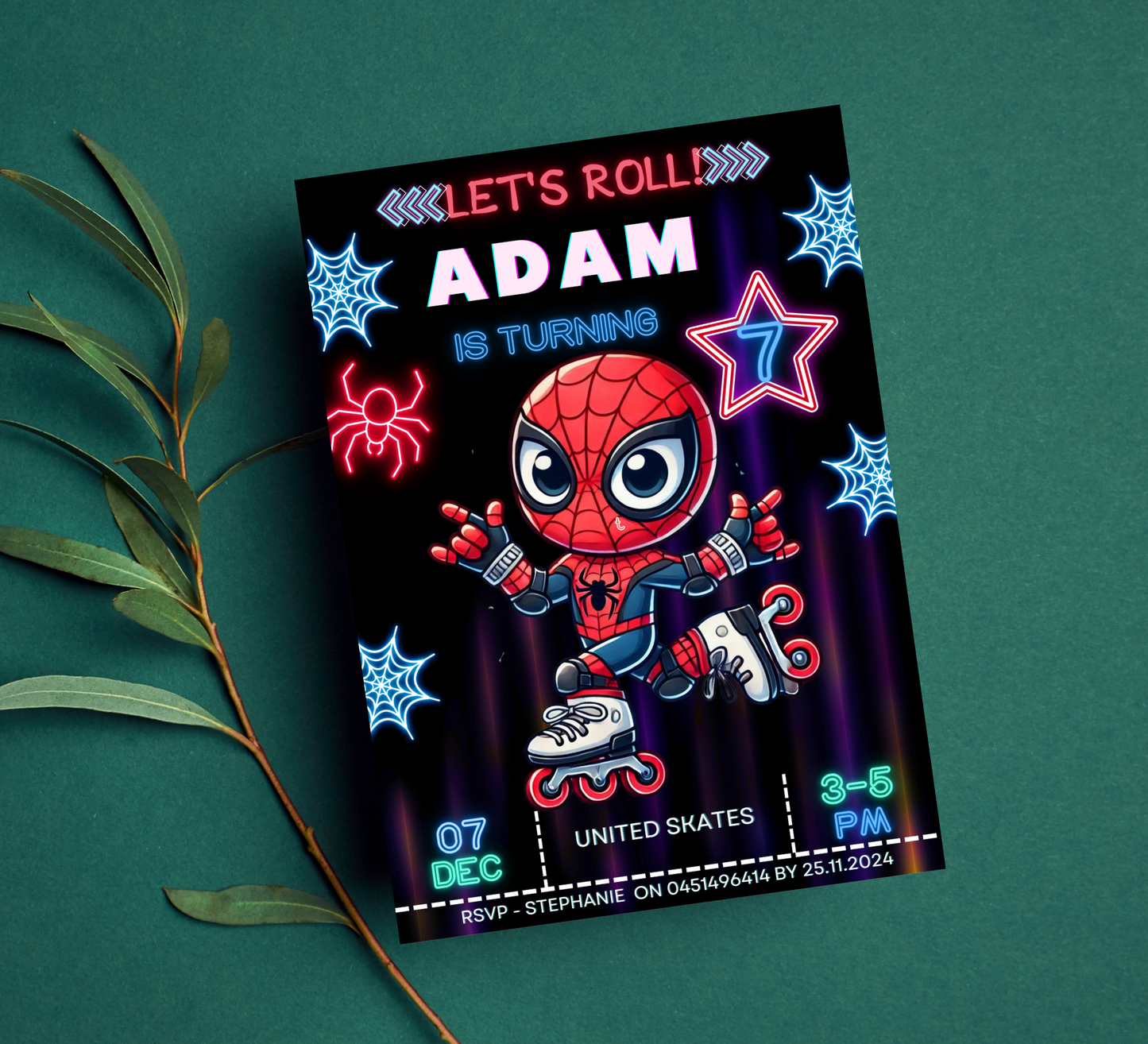 Spider-Man Roller Skating Neon Birthday Invitation | Editable Canva Template | Glow Party Kids Birthday Invite | Printable Superhero Party Invitation