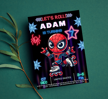 Spider-Man Roller Skating Neon Birthday Invitation | Editable Canva Template | Glow Party Kids Birthday Invite | Printable Superhero Party Invitation