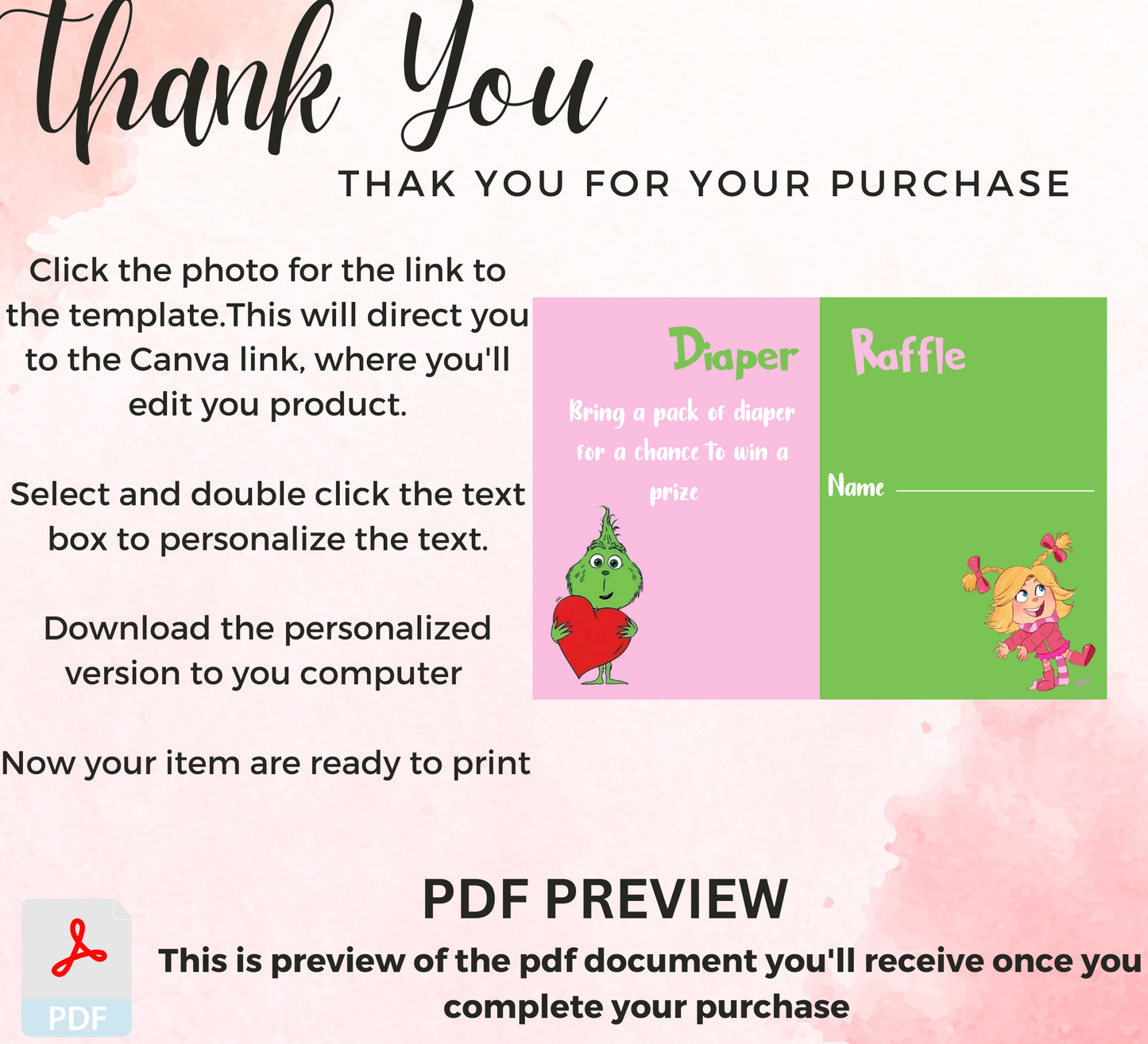 Grinch & Cindy Lou Diaper Raffle Tickets | Editable Canva Template | Printable Baby Shower Game | Holiday Themed Baby Shower