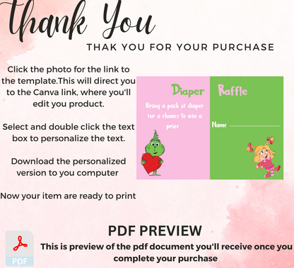 Grinch & Cindy Lou Diaper Raffle Tickets | Editable Canva Template | Printable Baby Shower Game | Holiday Themed Baby Shower