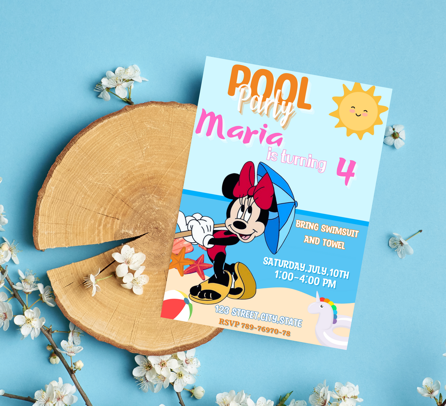 Minnie Mouse Pool Birthday Party Invitation | Pink Summer Swim Party | Editable Canva Template