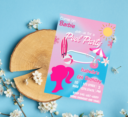 Barbie Pool Pink Birthday Invitation | Editable Canva Template | Summer Swim Party Invite | Printable Girls Birthday Invitation