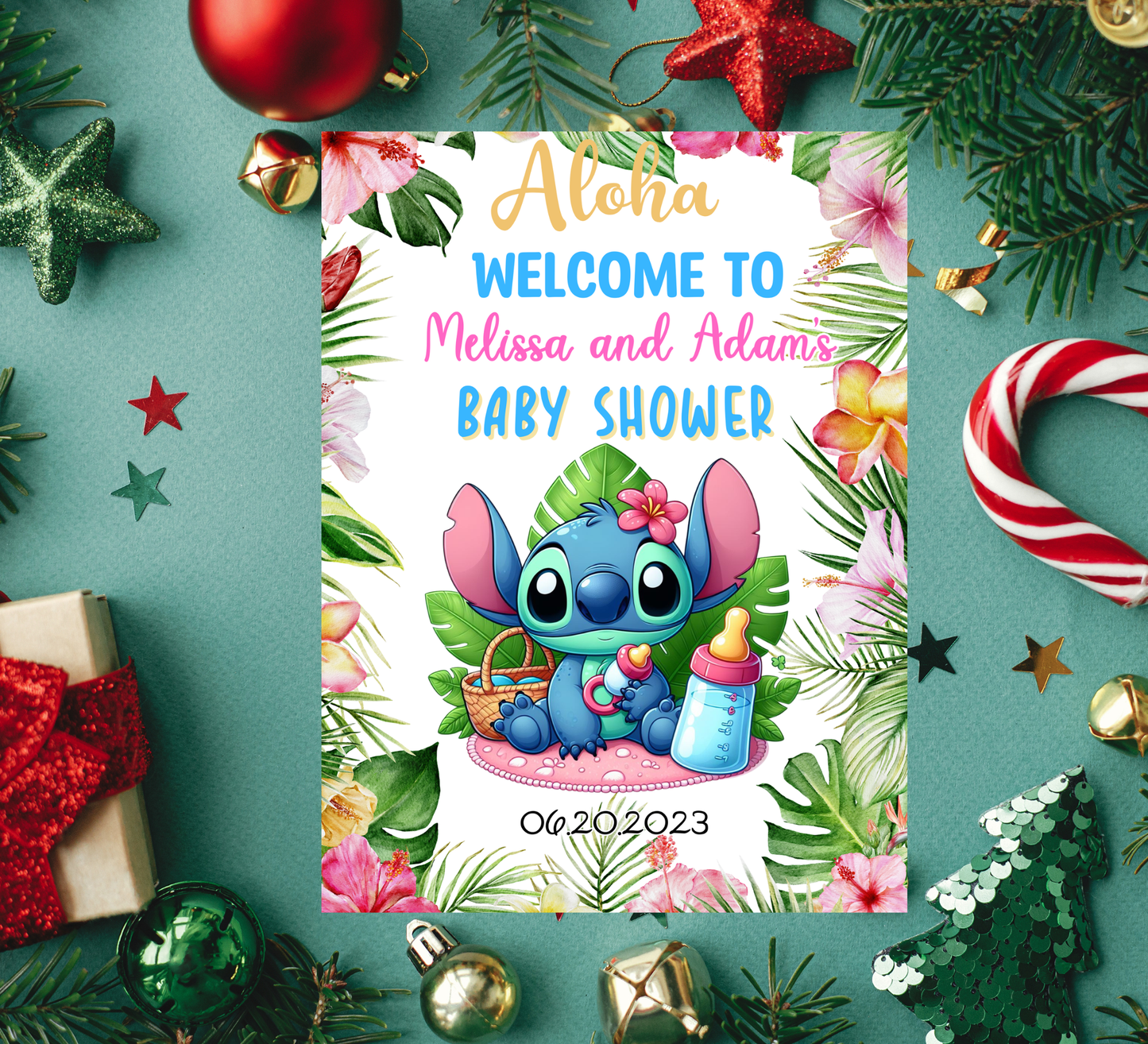 Stitch Aloha Baby Shower Welcome Sign | Tropical Hawaii Baby Shower Decor | Editable Canva Template | Ohana Welcome Poster Printable