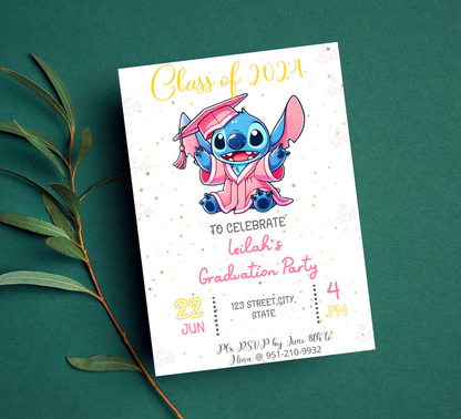 Stitch Pink Graduation Invitation | Kindergarten & School Celebration | Cute Editable Canva Template | Girls Graduation Party Printable