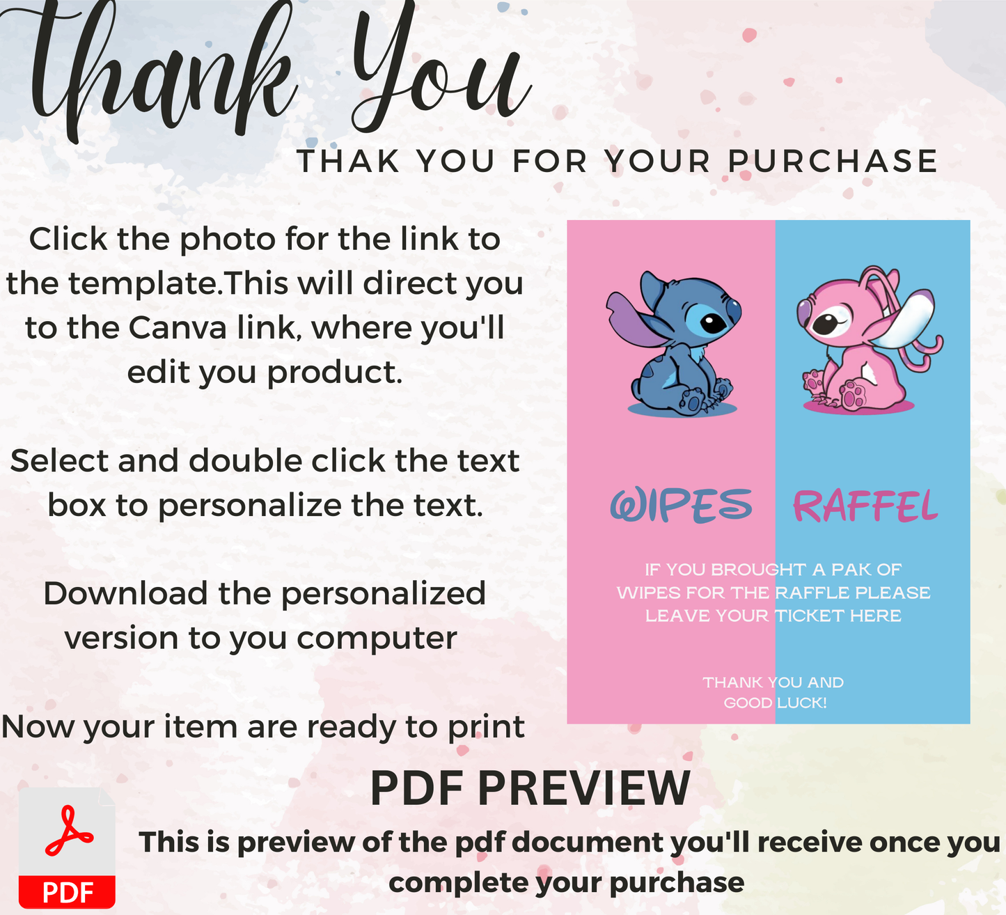 Stitch Gender Reveal Blue & Pink Wipper Raffle Sign + Tickets 💙💗 | Baby Shower Game | Editable Template