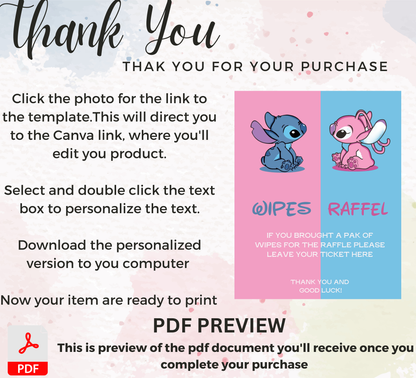 Stitch Gender Reveal Blue & Pink Wipper Raffle Sign + Tickets 💙💗 | Baby Shower Game | Editable Template
