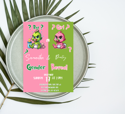 Grinch Pink & Green Christmas Gender Reveal Invitation | Cute Holiday Reveal | Editable Template