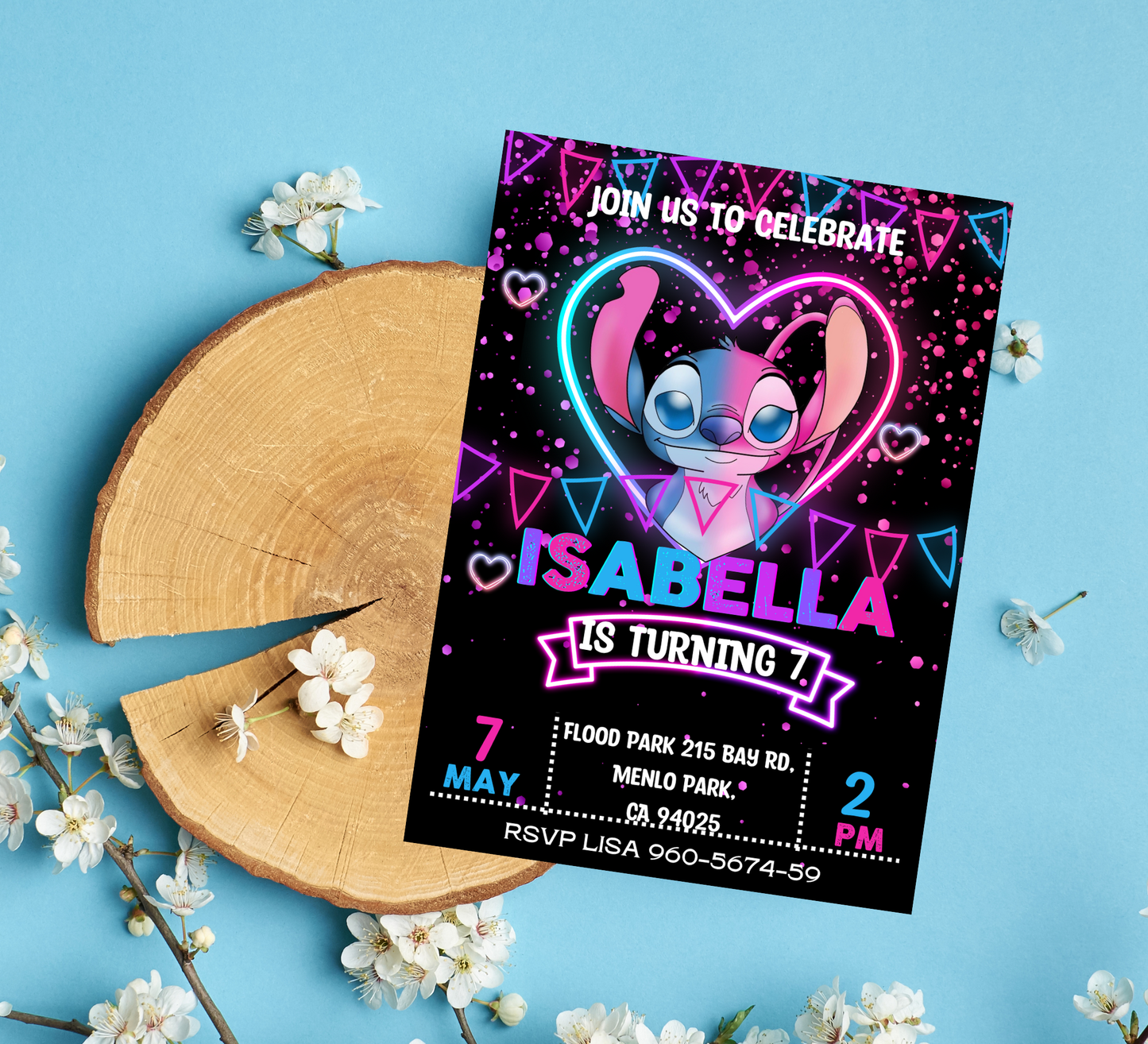 Stitch and Angel Neon Glow Birthday Invitation | Editable Canva Template | Kawaii Glow Party Invite | Cute Neon Birthday