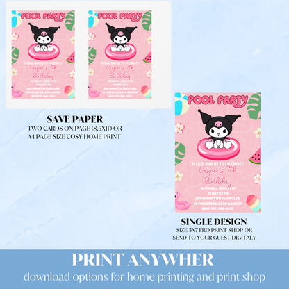 Kuromi Kawaii Pink Pool Birthday Invitation | Cute Summer Swim Party | Editable Canva Template | Pastel Goth Pool Printable