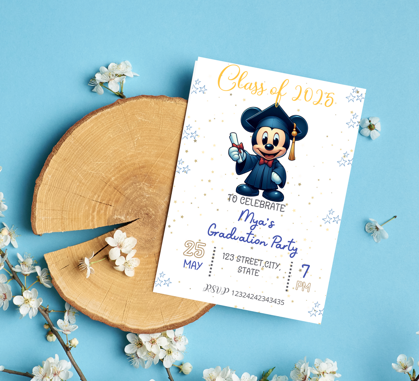Mickey Mouse Blue Graduation Invitation | School & Kindergarten Template Editable Canva Template | Pink Minnie Party Printable