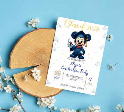 Mickey Mouse Blue Graduation Invitation | School & Kindergarten Template Editable Canva Template | Pink Minnie Party Printable
