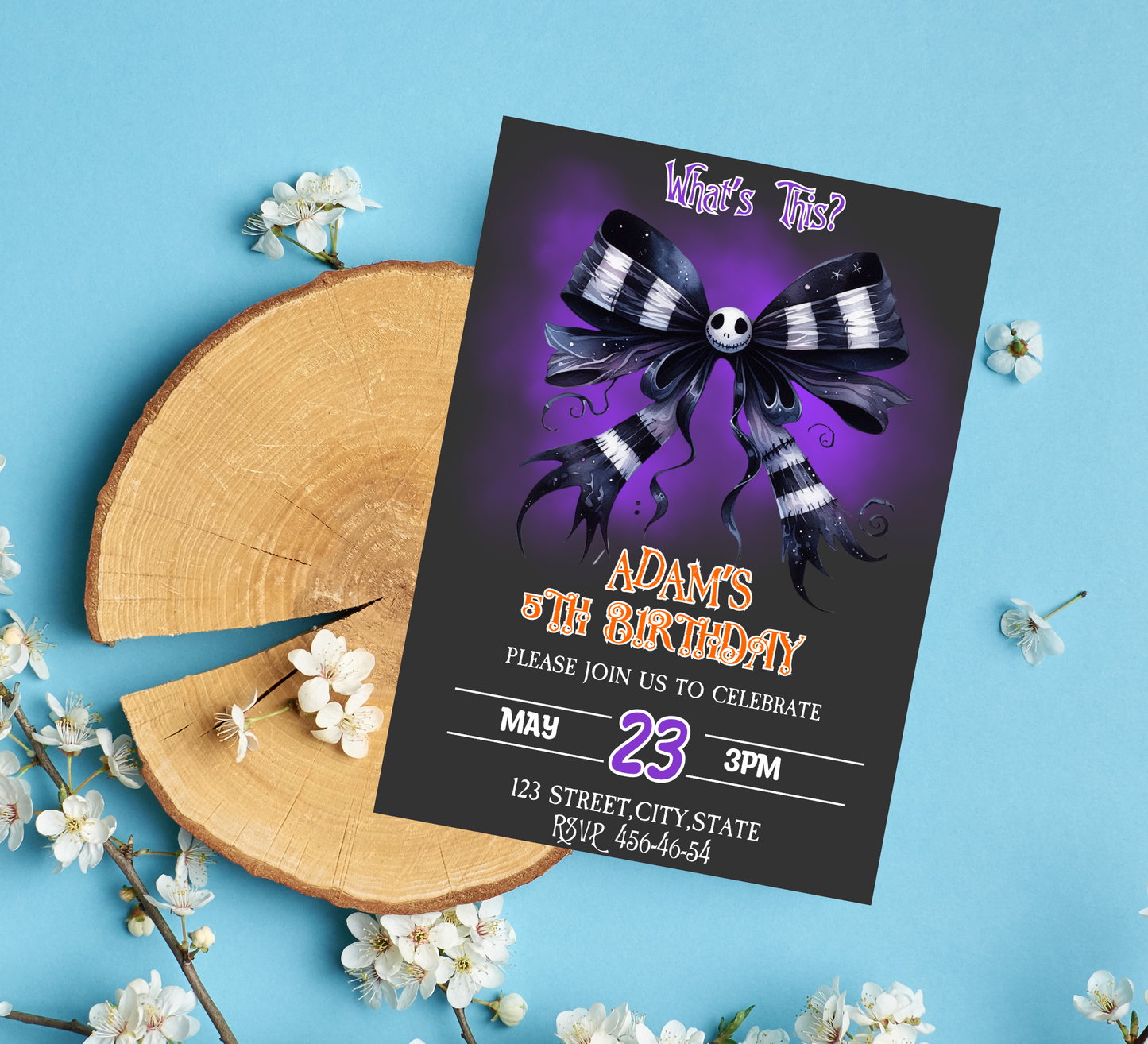 Nightmare Before Christmas Bow Birthday Invitation | Jack & Sally Party Invite | Editable Canva Template | Spooky Cute Printable Birthday Invitation