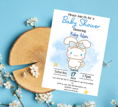 Kawaii Cinnamoroll Baby Shower Invitation | Watercolor Blue Baby Shower Invite | Editable Canva Template | Cute Sanrio Baby Shower Printable