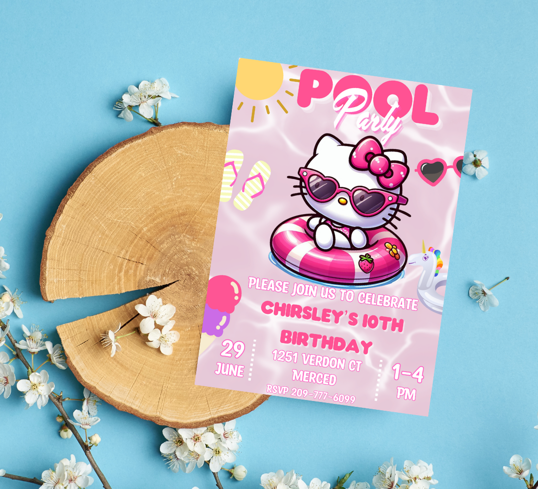Hello Kitty Pink Pool Party Invitation | Self-Editable in Canva | Kawaii Summer Swim Birthday Invitation | Printable Template |