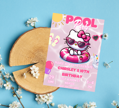 Hello Kitty Pink Pool Party Invitation | Self-Editable in Canva | Kawaii Summer Swim Birthday Invitation | Printable Template |