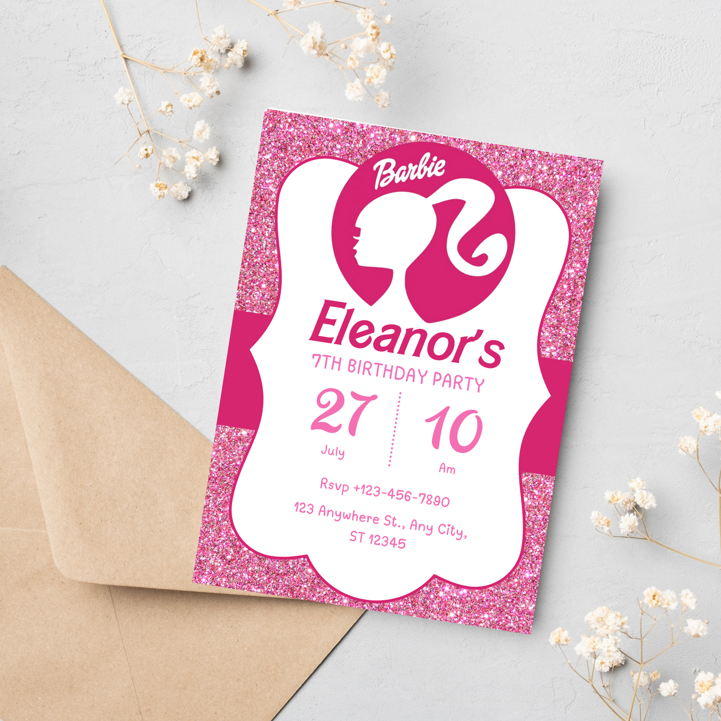 Barbie Glitter Pink Birthday Invitation | Sparkly Barbie Party Invite | Editable Canva Template | Printable Girls Birthday Invitation