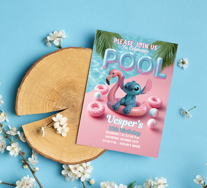Stitch Pool Party Birthday Invitation – Editable Canva Template – Tropical Summer Swim Party Invite – Blue Alien Splash Birthday Invitation