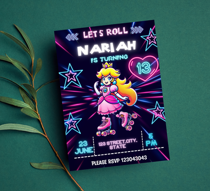 Mario Brothers Princess Peach Roller Skating Neon Birthday Invitation | Glow Party Editable Canva Template